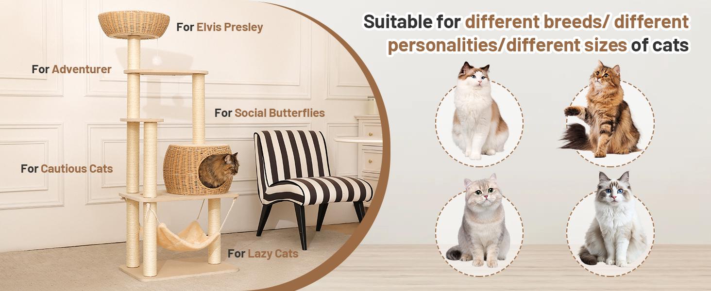 Multi - Level Rattan Cat Tree Tower with Scratching Posts & Lounging Areas for Indoor Cats