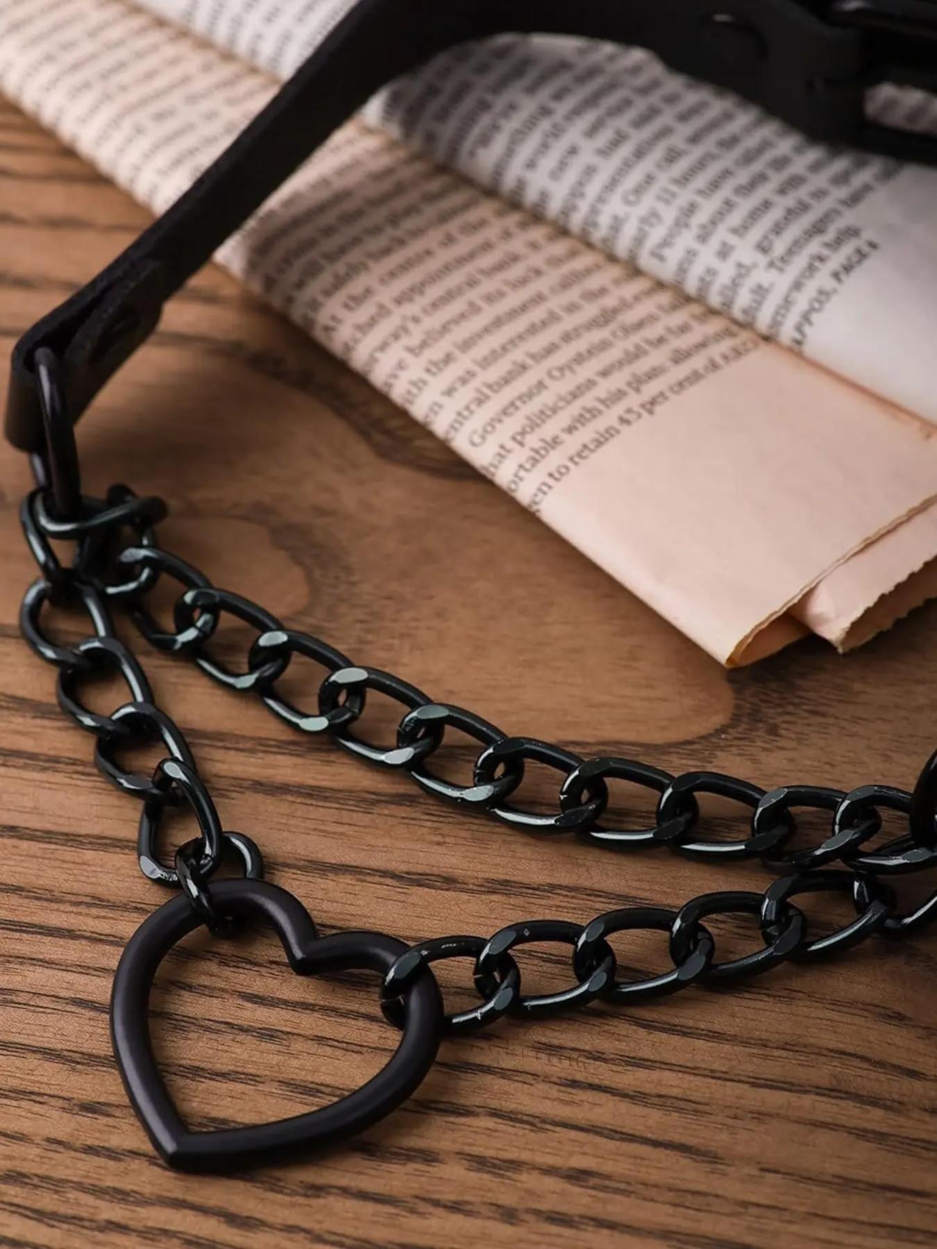 Gothic Punk Grunge Emo Necklace, PU Leather Choker, Goth Heart Chain Design, Perfect Halloween & Christmas Gift for Him Her