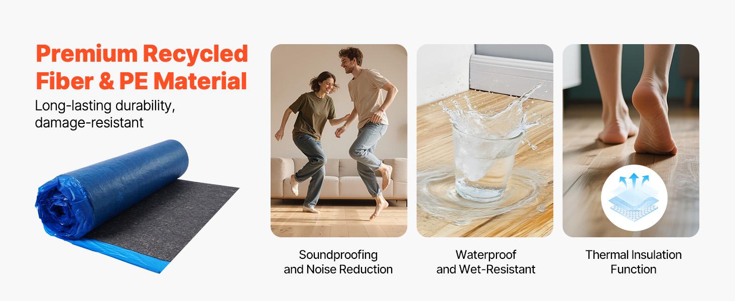 VEVOR Floor Underlayment 200 sq. ft/Roll, 3 mm Thick Laminate Flooring Padding with Attached Vapor Barrier, Heavy Duty Fiber+ PE Film, Soundproofing Noise Reduction, Ideal for Laminate Wood Floors