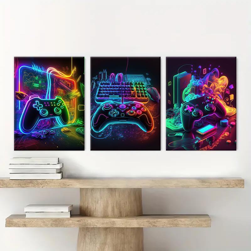 Modern Neon Gamepad Lightsaber Man Pattern Canvas Painting with Frame, 3 Counts/set Modern Wall Art Painting, Wall Art Decor for Home Living Room Bedroom Office