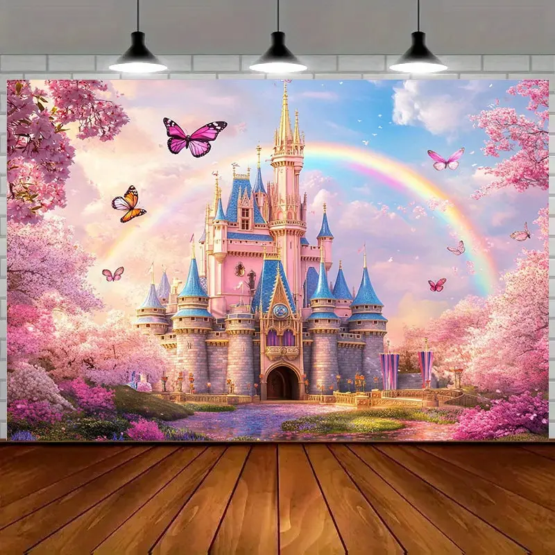 2D Print Party Backdrop Banner - Dreamy Princess Castle with Dancing Butterflies, Multicolor Fairytale-Themed Party Decoration, No Power Needed, Multiple Sizes Available for Room Decor