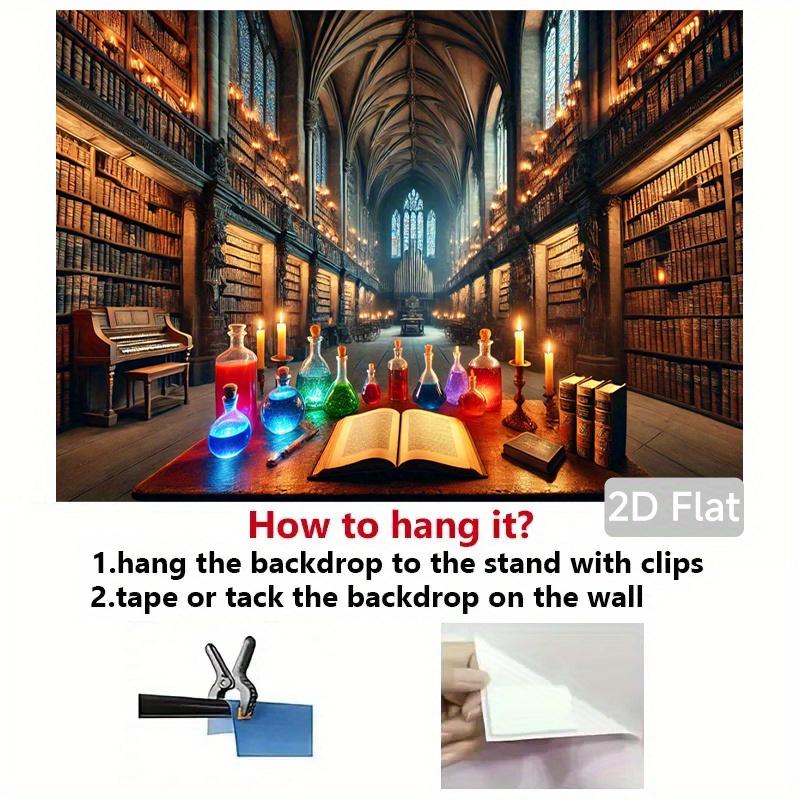 2D Flat, 1pc Magical Library 2D Flat Banner - Gothic Library Backdrop with Bookshelves, Candles & Mystical Decor - Durable Polyester Party Decoration for Birthday, Anniversary, Photo Studio - Indoor/outdoor Use, Library Decor, Indoor Outdoor Decor