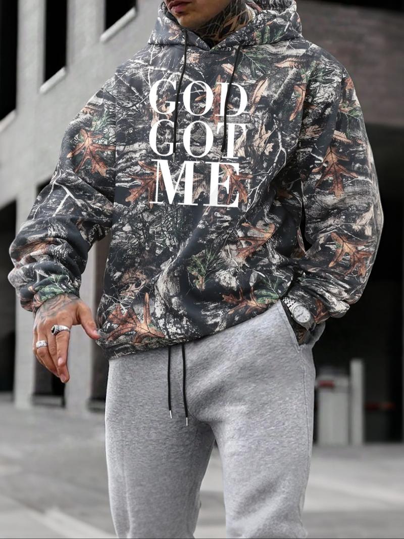Men's Camo Print Hoodie, Regular Fit Casual Letter Print Long Sleeve Hooded Sweatshirt for Fall & Winter, Men's Top for Daily Wear