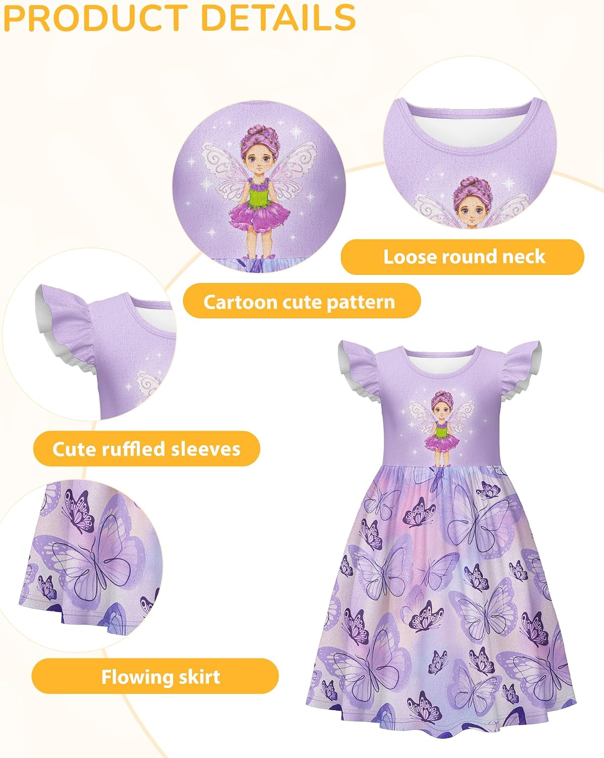 Girls Nightgown Pajama Dress, Toddler Princess Sleepwear with Flutter Sleeves, Soft Breathable Nightgown for Kids, Gentle Stretch