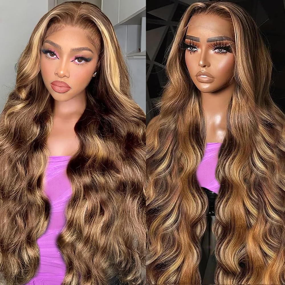 BABOSHOW 613 Blonde 13X6 Body Wave HD Transparent Lace Frontal Pre Plucked 180% Density 99J Burgundy and Red Colored Human Hair Wigs P4/27 Highlight Lace Front wig For Women Can be Dyed & Restyle