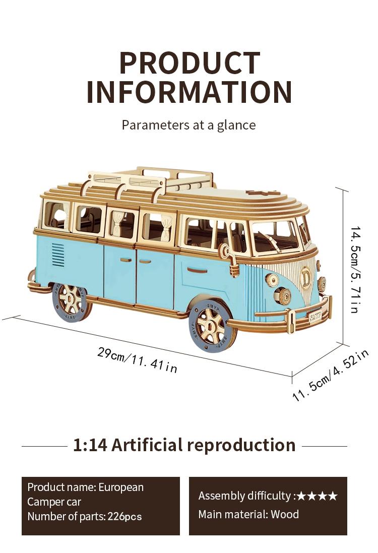 Blue Camper Wooden Puzzle, Wood Car Model, 3D Assembly Toy, Educational Intelligence Toy, Realistic Car Series Decoration