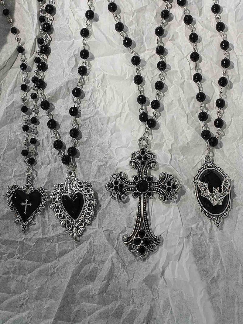 Gothic Bat Cross Heart Oil Pendant Necklace Set, Vintage Punk Unisex Beaded Chain, Party Personalized Jewelry Kit, Cross Necklaces