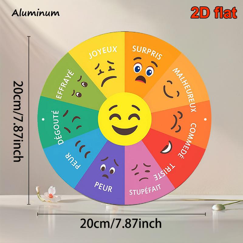 1PC 2D Flat,Retro Emotion Wheel Decoration - French Emotion Chart Includes Happiness, Surprise, Disgust, Sadness, Anger, Compliance - Color-coded Emotion Poster, Suitable for Classroom, Home, Office - Durable Aluminum Metal Plaque - 20.32x 20.32cm