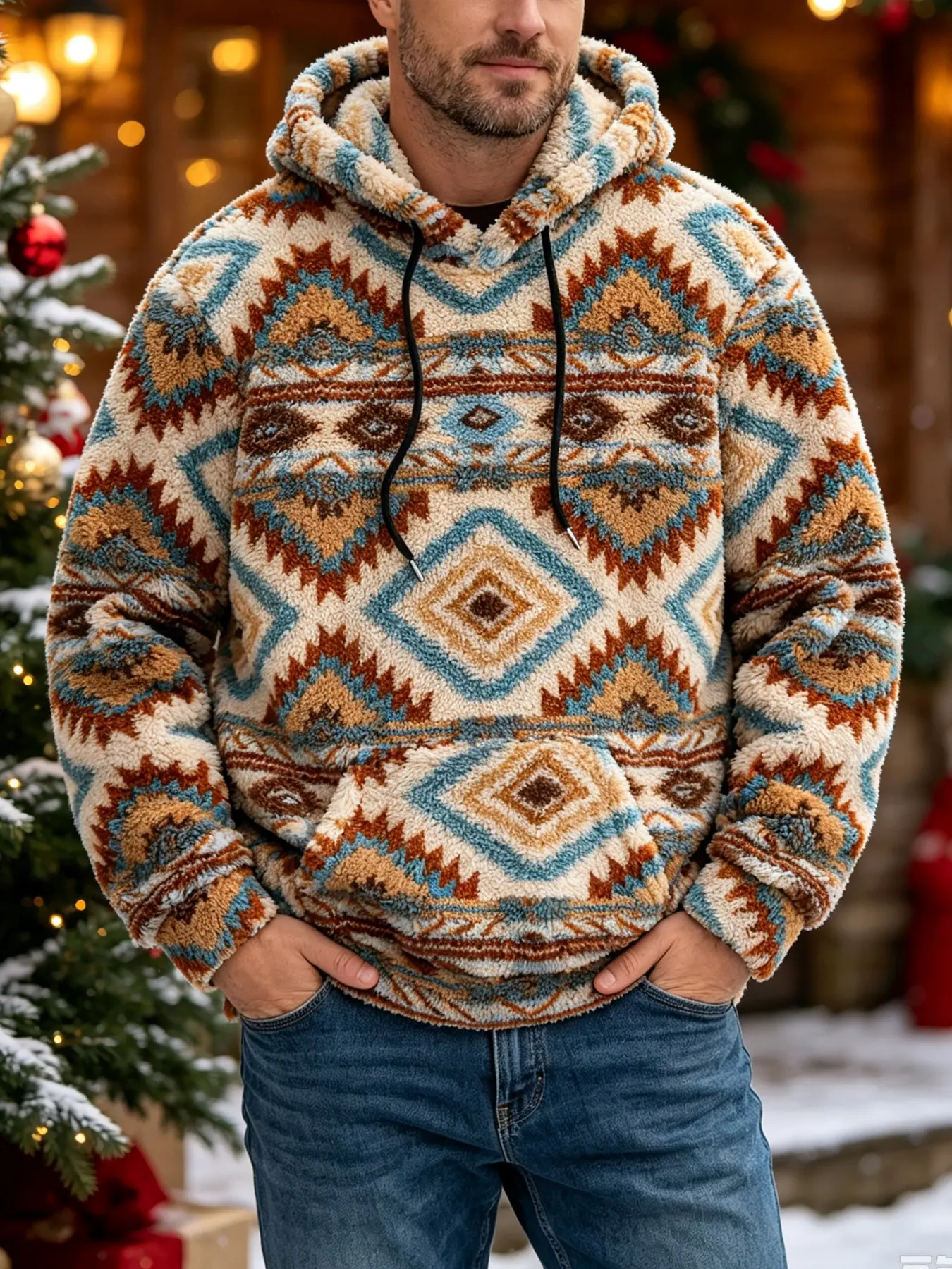 Men's Aztec Geometric Print Sherpa Hoodie, Retro Western Ethnic Style, Drawstring Hood, Front Kangaroo Pocket, Ideal for Camping, Hiking, Daily Wear, Ethnic Pattern Sweatshirts