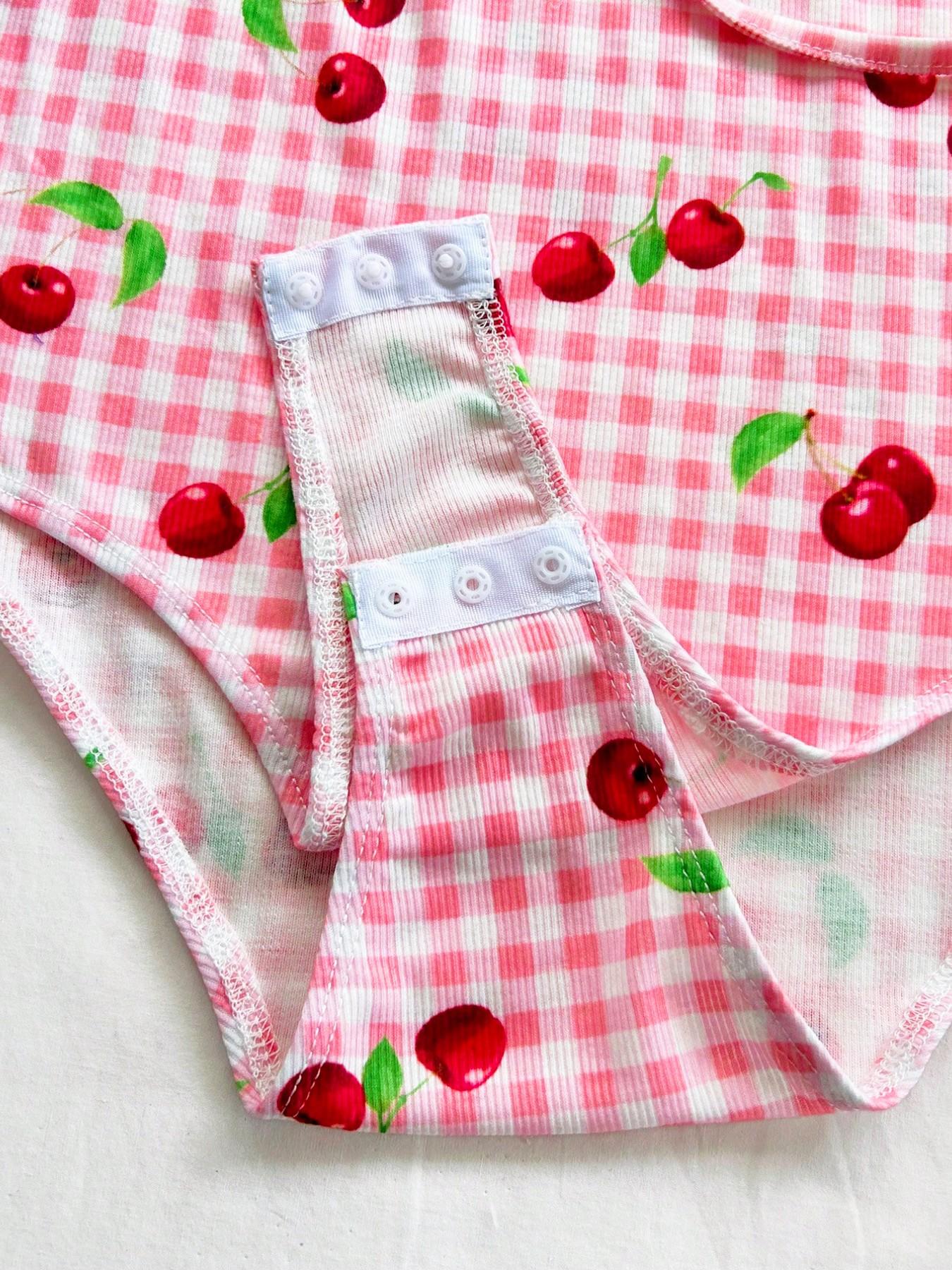Sweet Spicy Cherry Plaid Romper, Bubble Sleeve V Neck Tie Waist Slim Fit Top, Single Piece, Chic Stylish and Comfortable Clothing