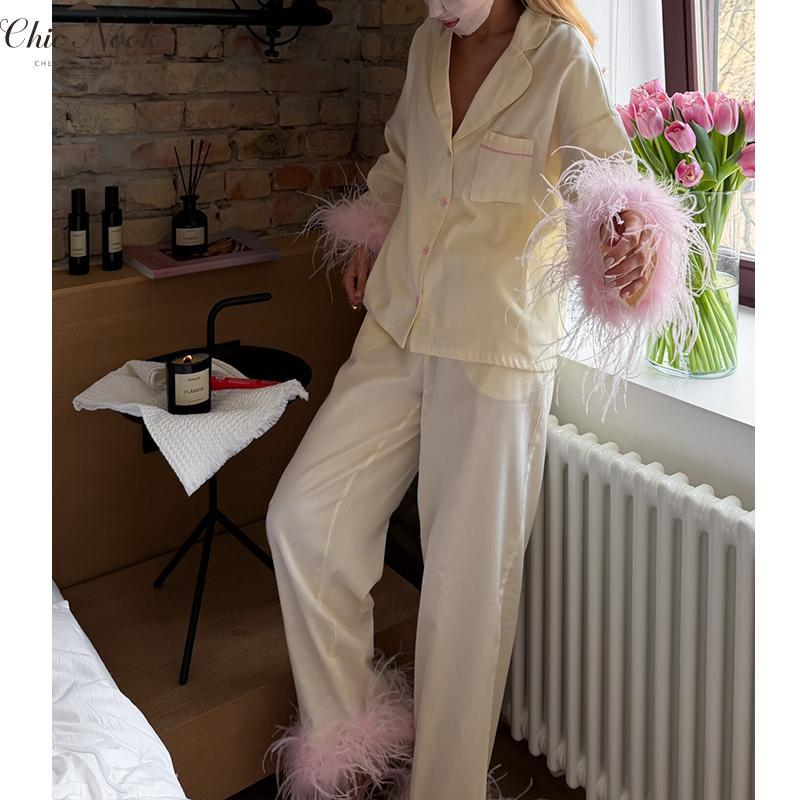 Feather Pajamas for Women Long Sleeves Button Down Shirt Lounge Pants Set Satin Silky Bridal Pjs