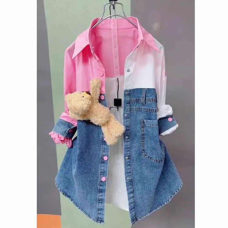 Women Casual Denim Patchwork Shirts For Women Kawaii Sweet Pink Polo Collar Spliced Denim Jackets Cute Streetwear Long Sleeve Single Breasted Wash Blue Denim Cardigans Coats With Doll For Spring Summer Autumn Winter All Season