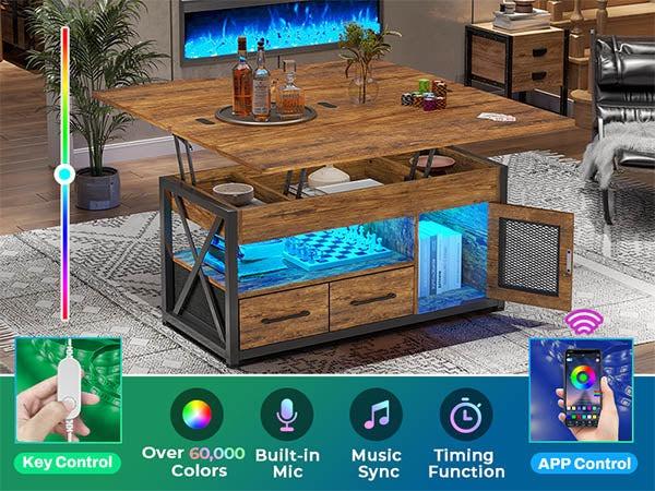 Sikaic 40 Inches 4 In 1 Lift Top Coffee Table With Storage Cabinet 2 Fabric Drawers & LED Light For Dining Room Livingroom Furniture Luxury Modern Interior