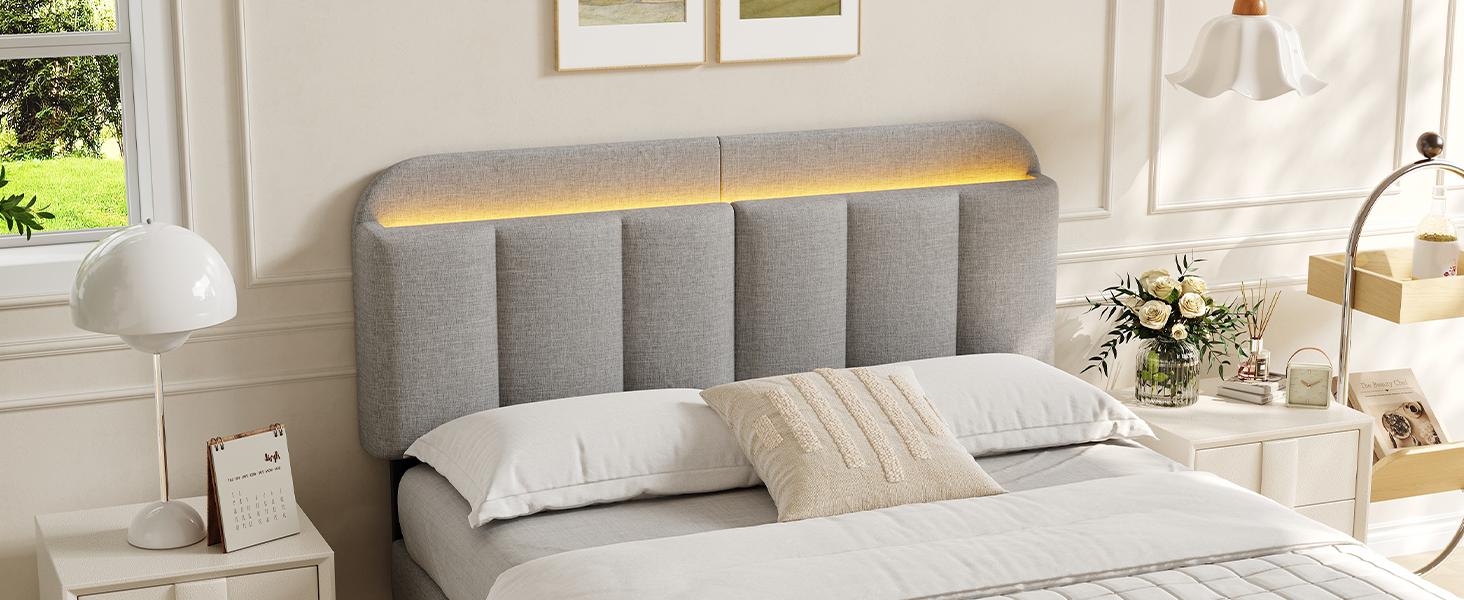 【SPOTLIGHT DAY】ONBRILL Adjustable Headboard for Full/Queen/King Size Bed Frame, Linen Fabric Bed Headboard with Storage & RGB LED Light in Modern Vertical Channel Design