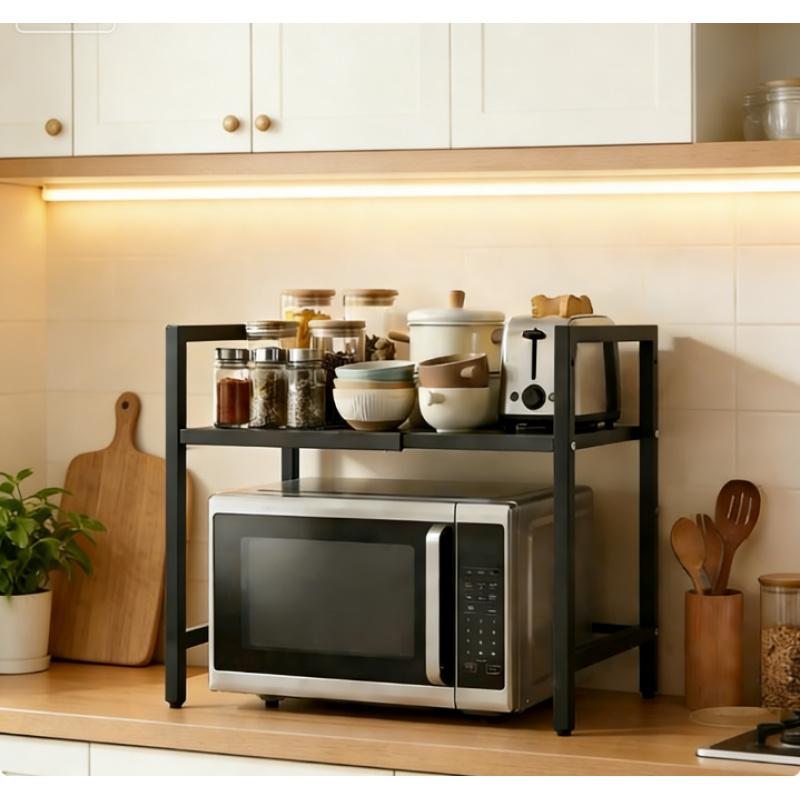 Expandable microwave rack with hooks, adjustable width to save space. Suitable for microwave ovens, ovens, coffee makers, etc. Easy to assemble, a must-have for the kitchen.