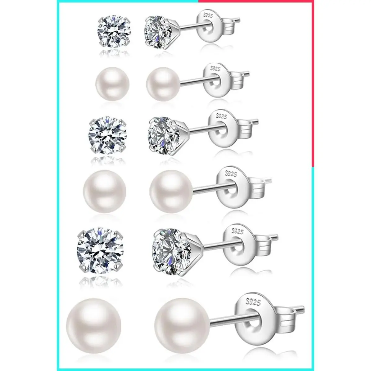 925 Sterling Silver Stud Earrings for Women - 6 Pairs Pearl & Cubic Zirconia, Hypoallergenic Non-Tarnish for Sensitive Ears