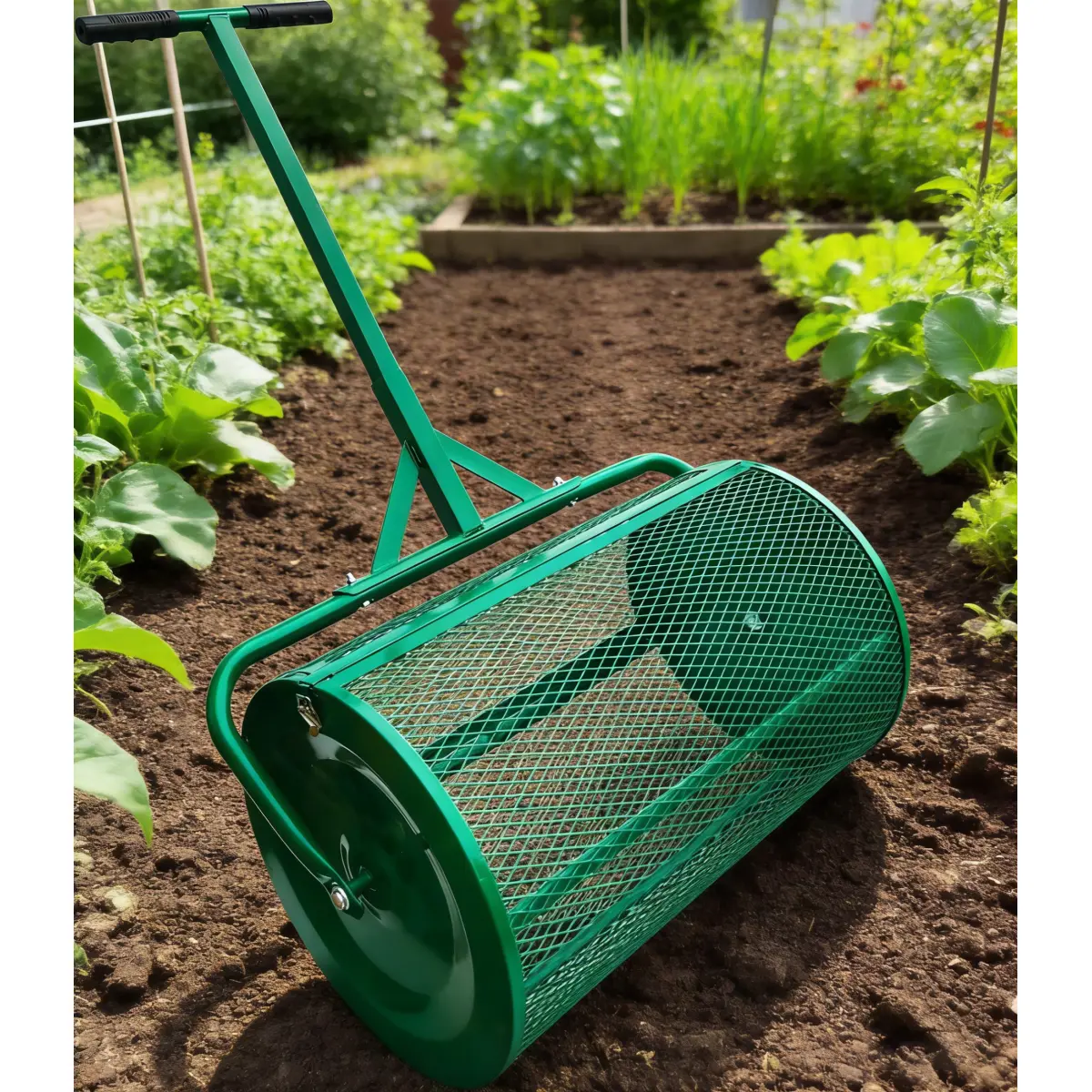 Original 24-in Metal Mesh Compost & Peat Moss Spreader Roller - Outdoor Garden Tool with Roller Action, Distributes Top Soil, Sand, Manure, Mulch for Lawn Top Dressing