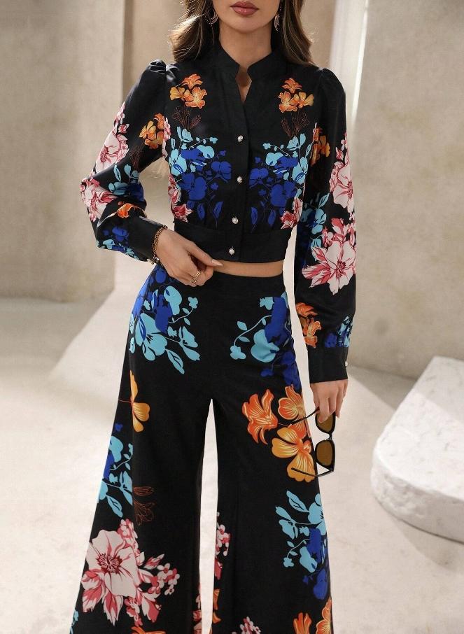 Women's Fashion Floral Print Lapel Bubble Long Sleeve Shirt, Spring Summer Casual Commute Wear, Elegant Daily Chic