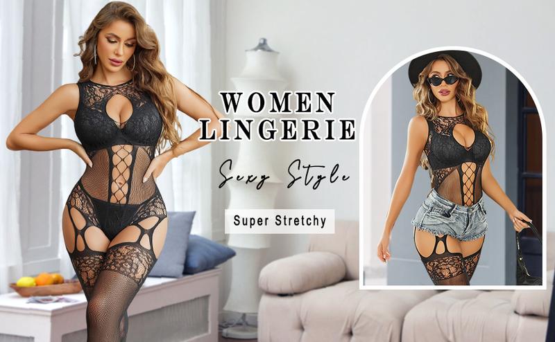 Avidlove Women Lingerie Fishnet Bodysuit Mesh Body Stockings One Piece Glow Party Rave Outfits