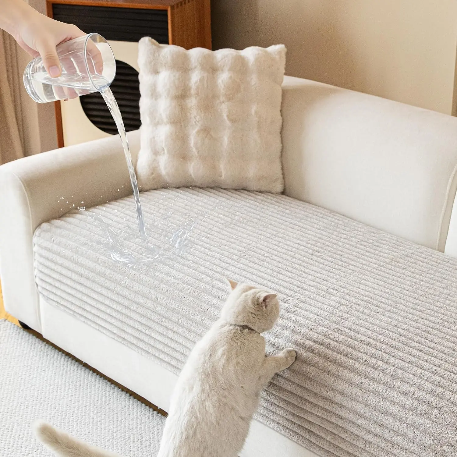 L Shaped Couch Cover, 100% Waterproof Couch Cover for Pets, Sectional Couch Covers L Shape, Non Slip Couch Covers for 2 Cushion Sofa, Sofa Slipcover Dog Bed Cover Protector, Oat, 35"x63"