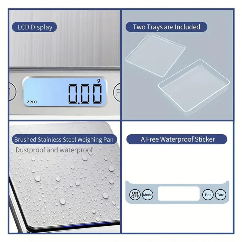 1 Set Stainless Steel Electronic Scale with 2pcs Trays, Portable Accurate Weight Measurement with LCD Display, Measuring Utensils for Kitchen Baking and Jewelry, Digital Kitchen Scale