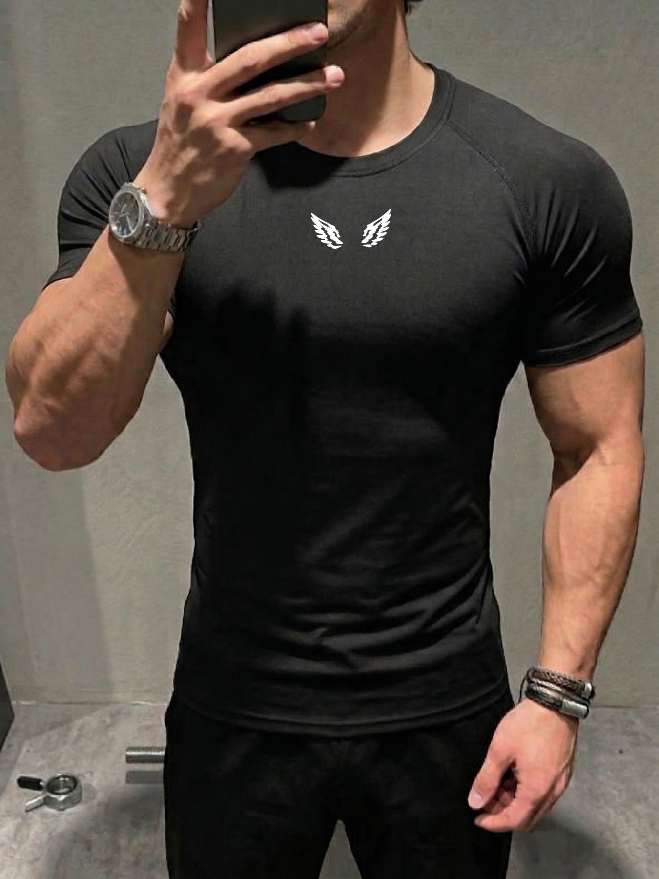 1pc Men's Muscle Fit T-Shirt Black Tight Compression Minimalist Wing Print Short Sleeve Gym Workout Bodybuilding Edgy Streetwear Summer Activewear Casual Fitness Top For Male Athletic Weightlifting Training Fitness Clothes Tops