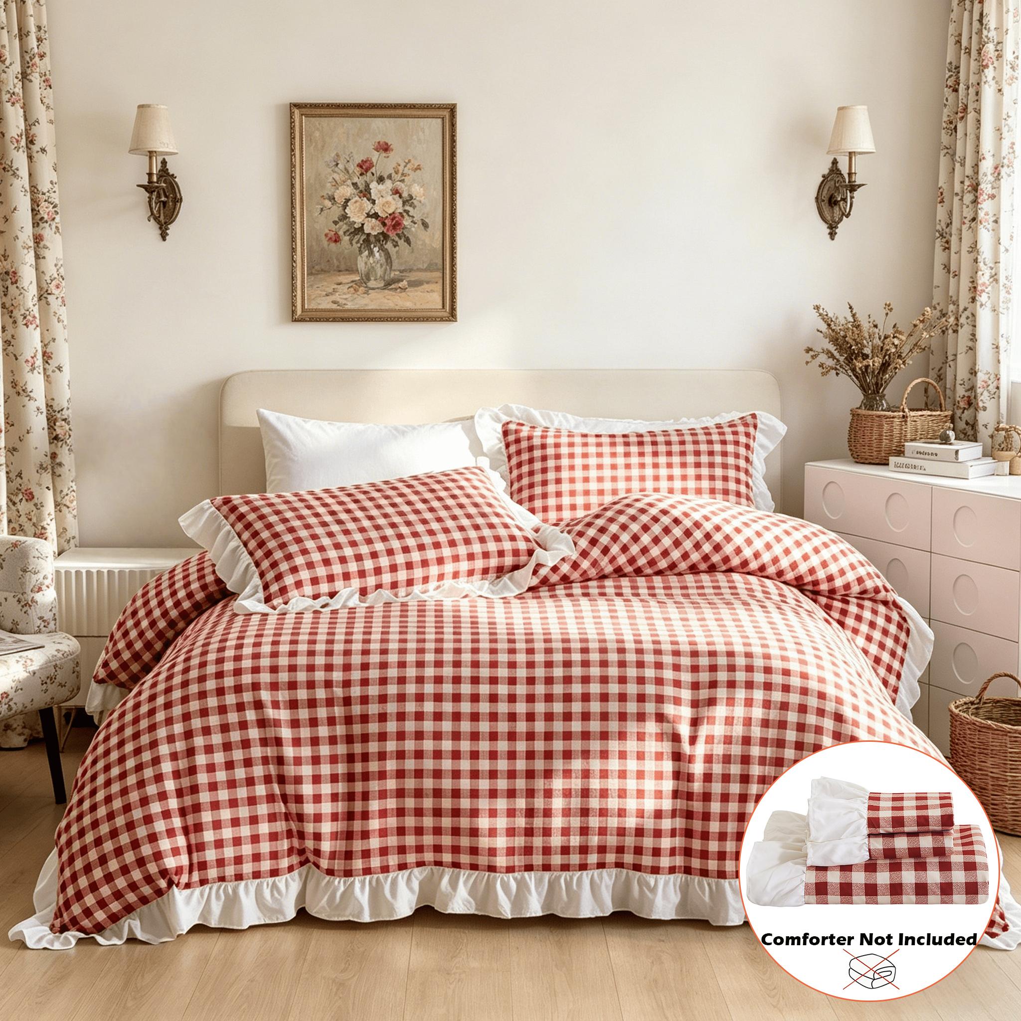 3Pcs Pink Orange Plaid Bedding Set with Ruffle Design, 1 Duvet Cover + 2 Pillowcases, No Filler, Soft Comfortable Fabric for Bedroom Decor