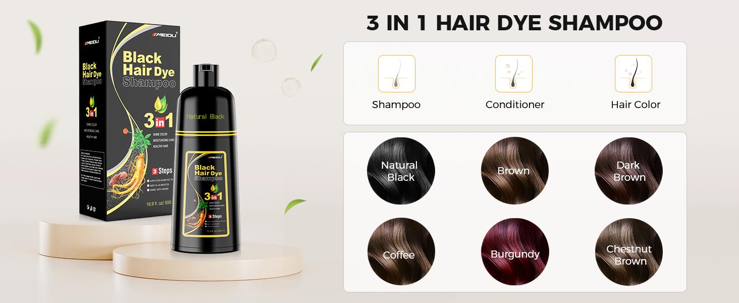 MEIDU 3 in 1 Hair Dye Shampoo - Can cover gray hairs,Herbal Ingredients,Contains Ginseng Extract,Natural Haircoloring, black hairdye