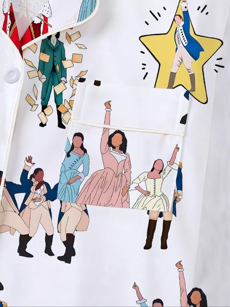 Hamilton Musical Print Women's Pajama Set, Long Sleeve Shirt Collar Button Soft Top & Elastic Pants, Casual Home Wear