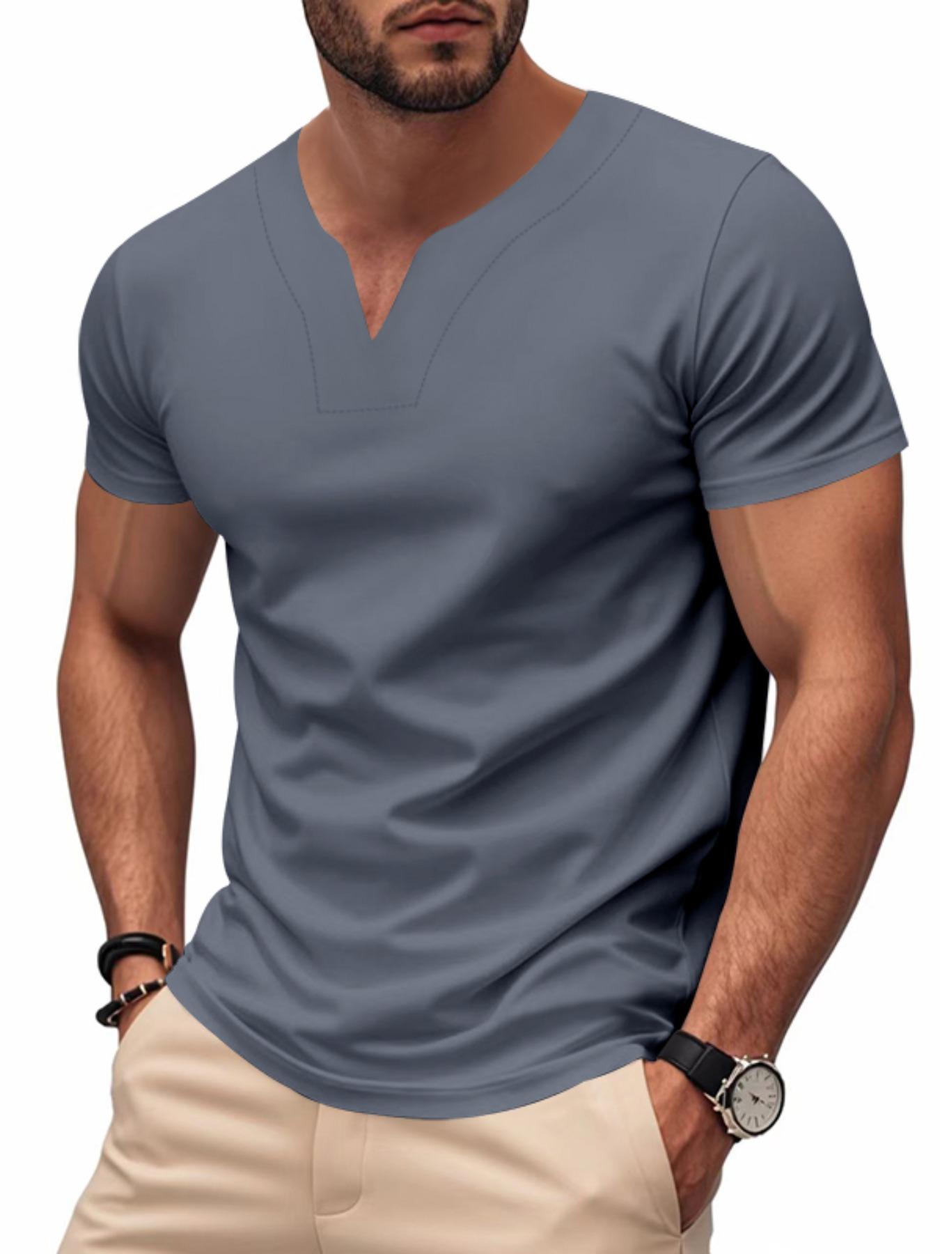 Men's Solid Color V Neck Tee, Regular Fit Casual Quick-dry Skin-friendly Short Sleeve T-shirt for Summer, Men's Top for Daily Wear, Tropical