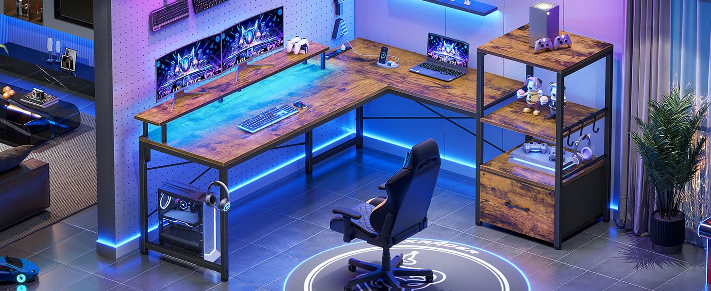 SEDETA 51-inch Corner Computer Desk with LED Lights, Storage Shelves,) Game Table Office Furniture Modern Design Keyboard Mouse Customizable