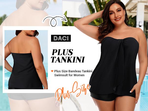 Daci Plus Size Bandeau Tankini Swimsuit for Women Two Piece Halter Swim Top with Shorts Flyaway Tummy Control Bathing Suits