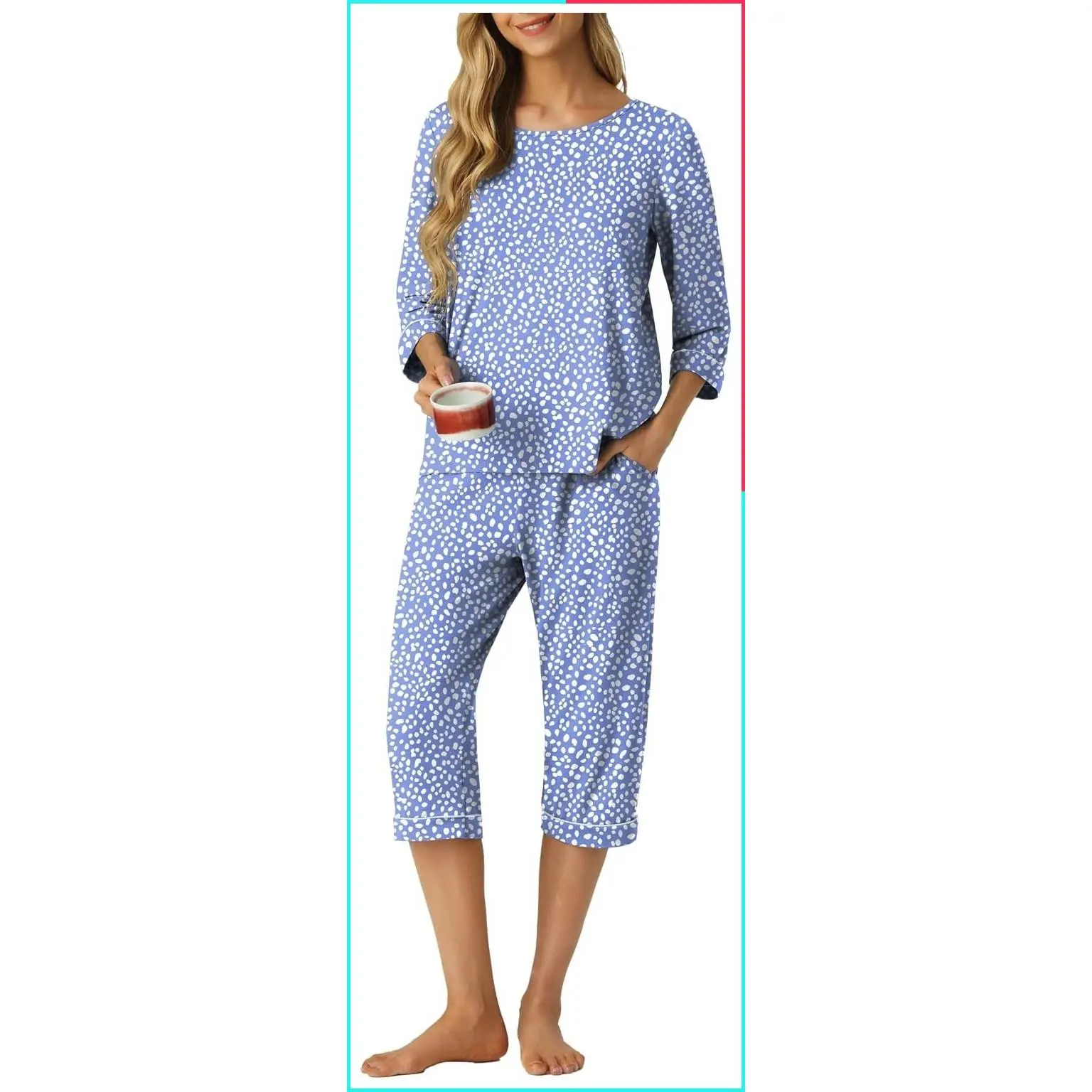 Women's Capri Pajama Lounge Set - 3/4 Sleeve Top & Capri Pants with Pockets, Soft Breathable Stretch Fabric, 2 Piece Petite Sleepwear PJs (XS-4XL)