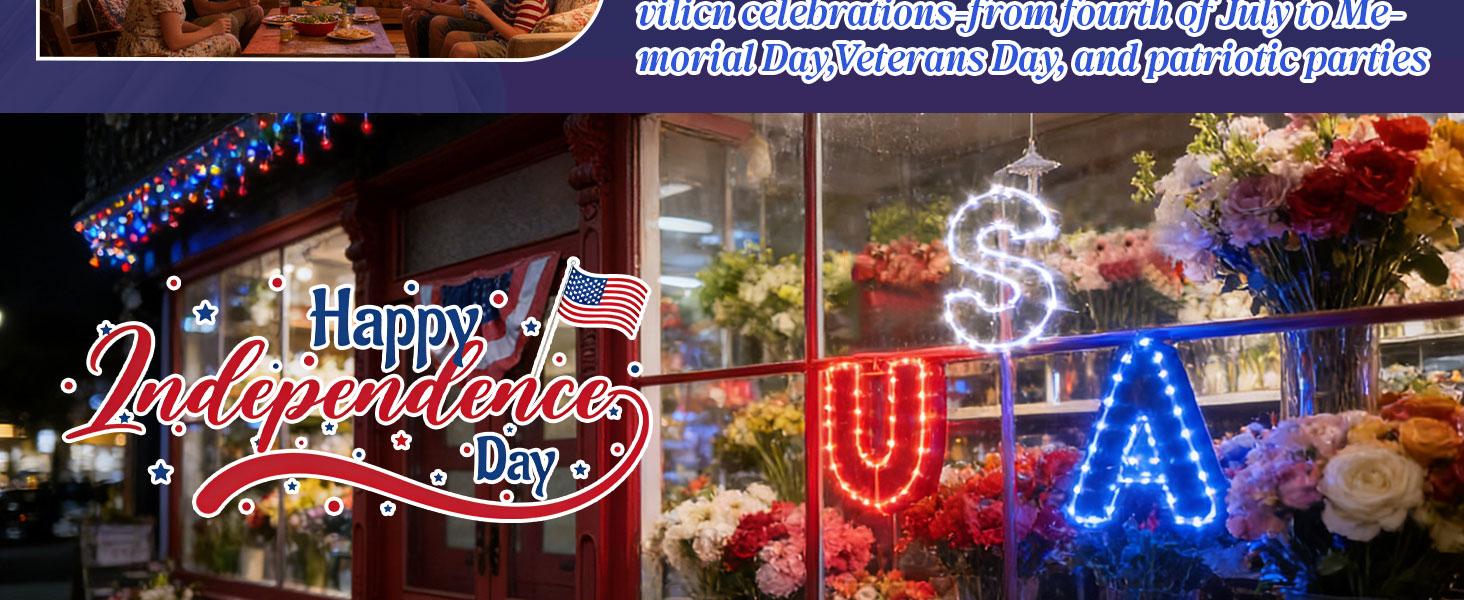 4th of July Window String Lights, USB Powered Twinkle Light for Independence Day Decorations, Memorial Day & Wedding Lights - Red White Blue Hanging Light with 68 LEDs for Trees & Home Decor