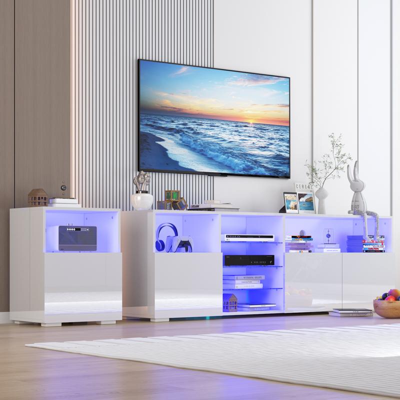 79IN LED TV Stand for 75/80/85inch TV,High Glossy Modern TV Stand for Living Room,TV Entertainment Center with Adjustable Storage Shelf,RGB LED Lighting,TV Console (Black/White)