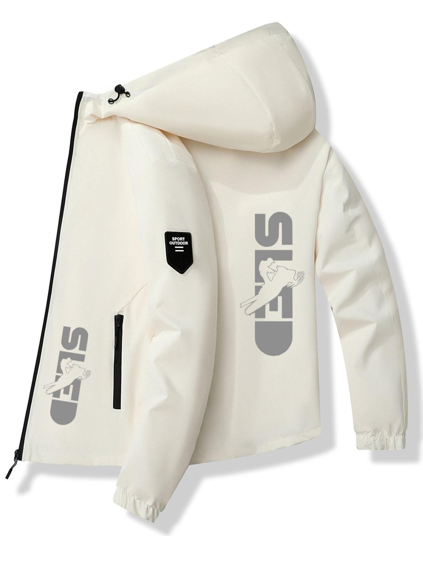 Snowmobile Letter Hoodie Jacket, Polyester Fabric, Stylish Print Design, Casual Slim Fit, Spring & Fall Fashion Outerwear
