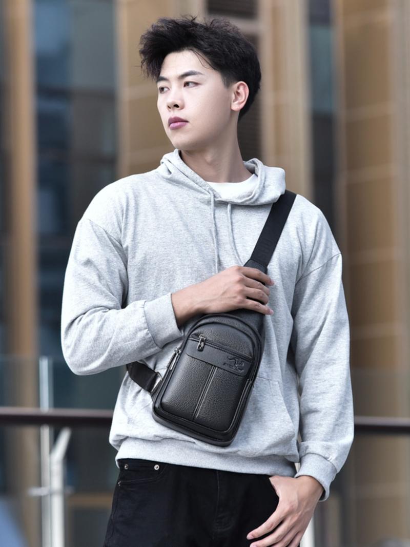 Men's Business Solid Color Sling Bag, Fashionable PU Leather Chest Bag for Daily Used, Casual Trendy Versatile High-quality Daily Commuting Bag