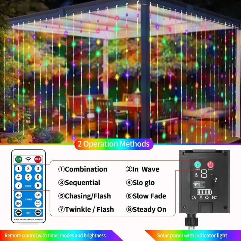Solar Powered LED Curtain Light with Remote Control, 8 Light Modes Decorative String Light with Timer & Hook, Outdoor LED Decorative Light for Garden, Yard, Party, Wedding