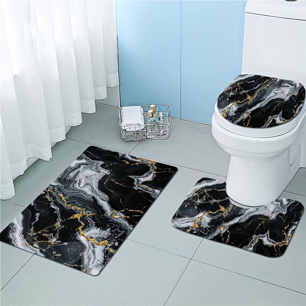 3pcs Black and Golden Faux Marble Pattern Rug Set, 0.8cm Flannel Material, Modern Minimalist Style, Non-Slip Bath Mat, O-Shaped Non-Slip Toilet Seat Cover, Exquisite Home Decor Set