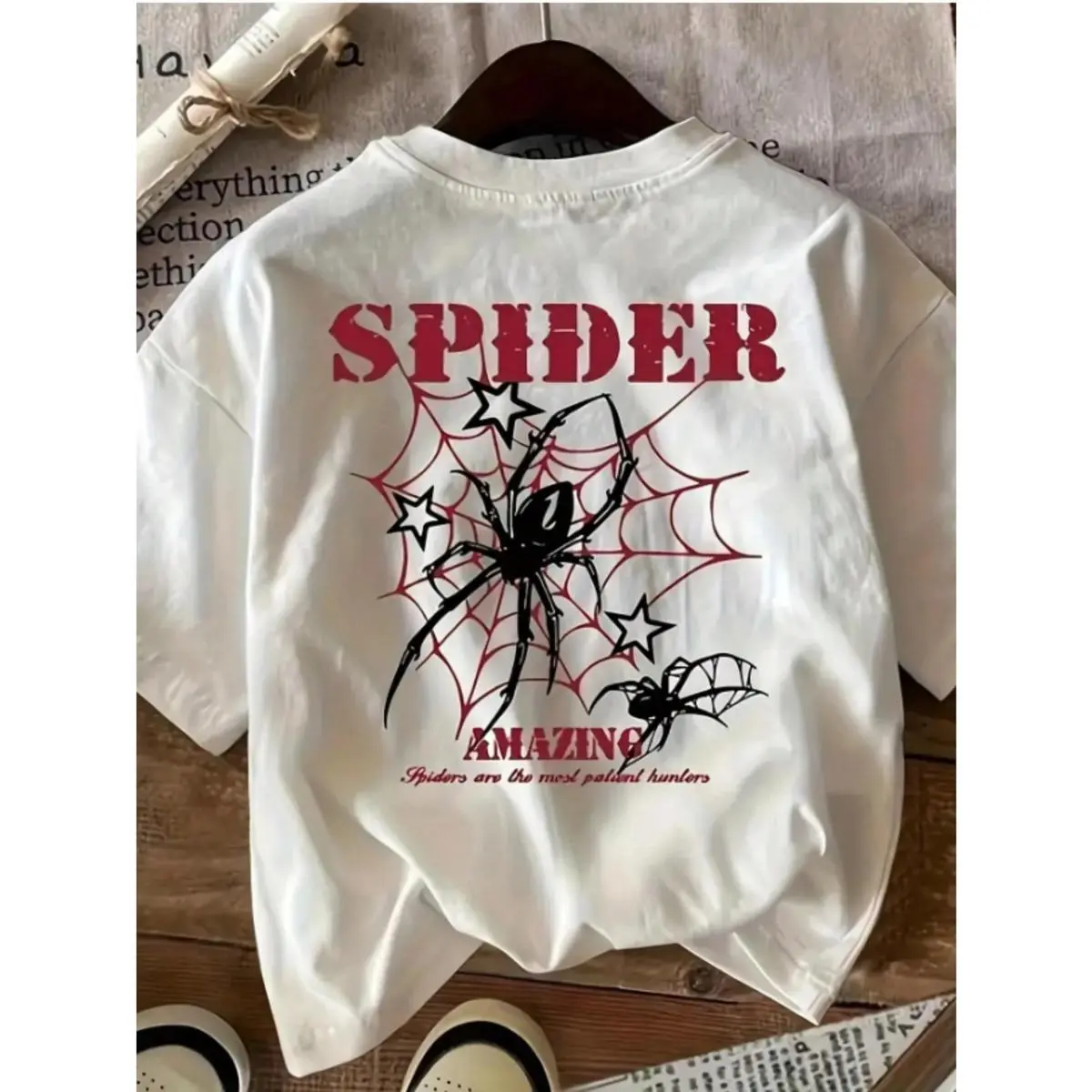 24H Local US Shipping Retro American Spider Letter Graphic Women Oversized Crew Neck Tee Trendy 2026 Summer Couple Matching Outfit Casual Streetwear OOTD Versatile Daily Top Multiple Colors S-XXL TikTok Viral Fashion Must-Have