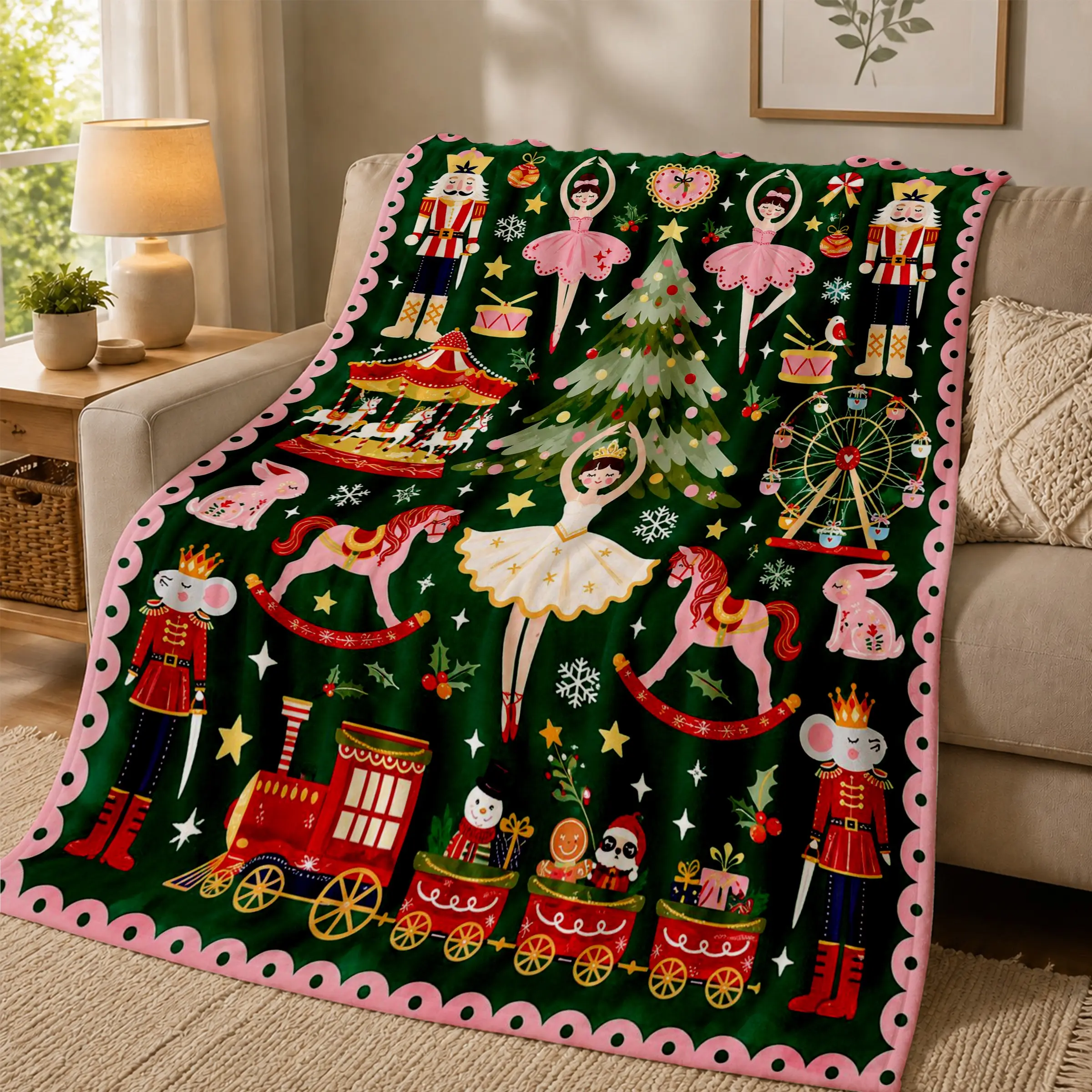 Christmas Nutcracker Ballet Flannel Warm Throw Blanket, Pink Ballerina Design, Holiday Decor for Sofa Bedroom Travel, Perfect Christmas Gift