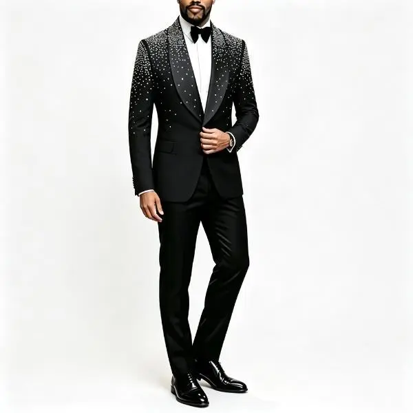 Men's 2-Piece Luxury Full Rhinestone Formal Suit - Black Shawl Lapel, Single Breasted, Longsleeves, Fitted Cut, Blazer & Pants Set for Groom, Wedding, Party Look