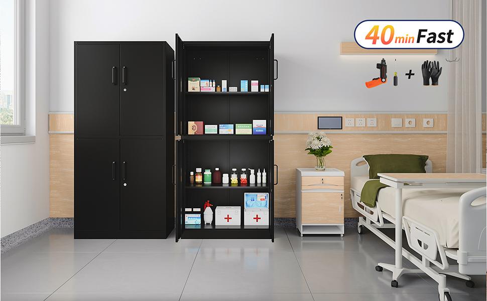 Metal Storage Cabinet with Lock, 71" Tall Steel File Locker with 2 Adjustable Shelves and 4 Doors, Tall Cabinet for Office, Garage, Home, Pantry