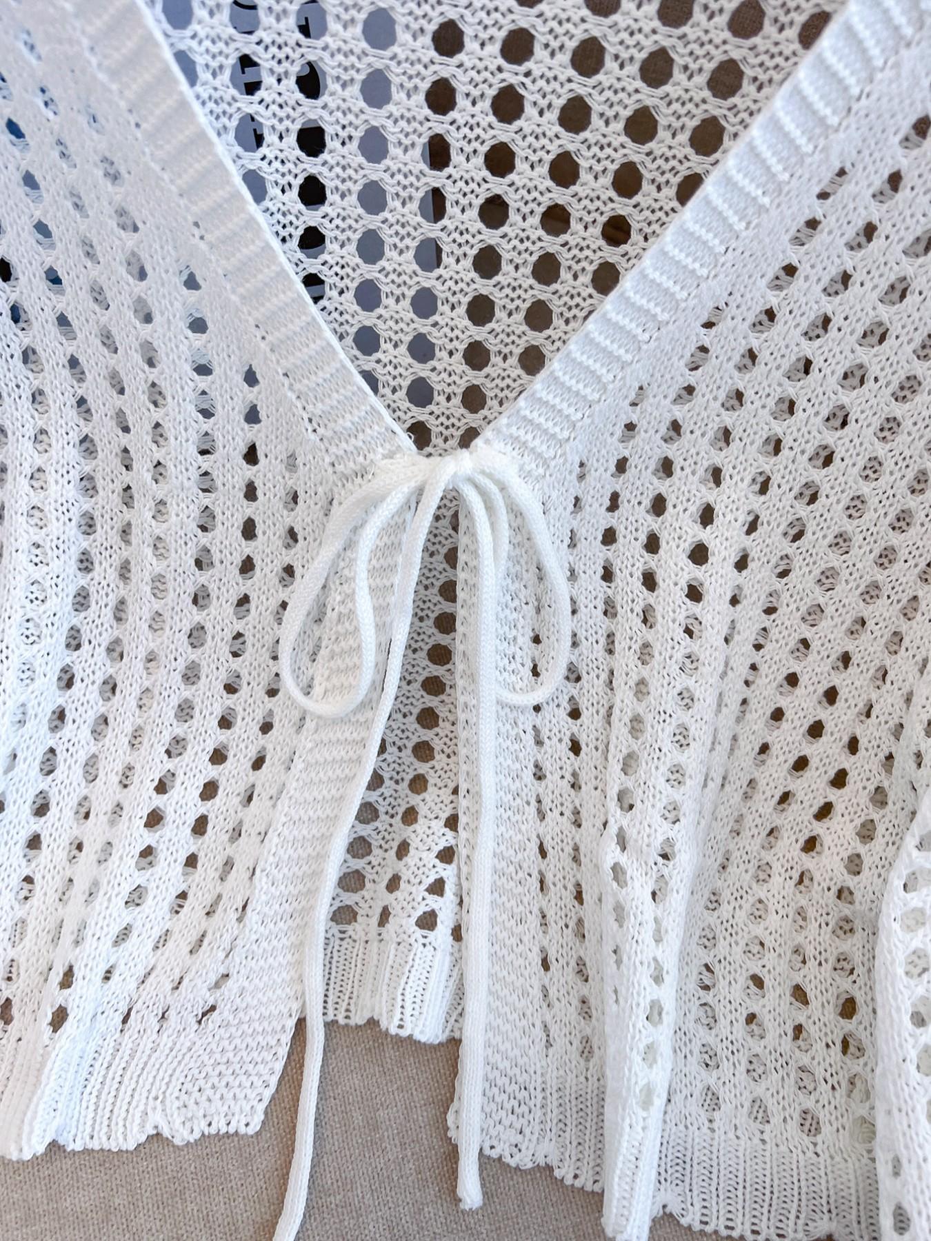 Women's Solid Hollow Out Sweater Cardigan, Casual Adjustable Tie Front Long Sleeve Knit Cardigan for Summer, Fashion Women's Knitwear for Daily Wear, Tops