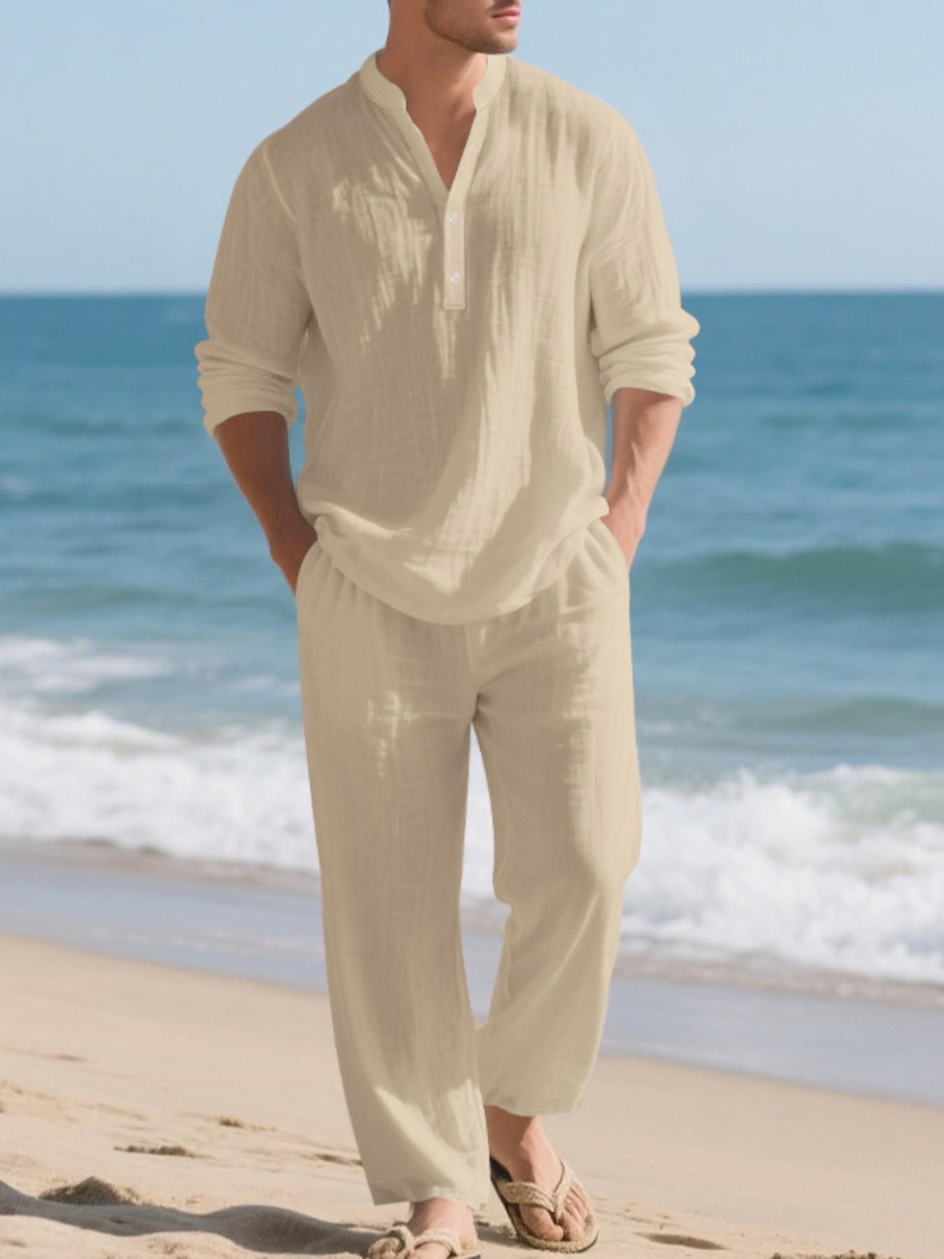 Men's Casual Linen Outfit, Loose-fit Henley Neck Long Sleeve Shirt and Pants, Comfortable and Fashionable Co-ord Set for Tropical Summer, Suitable for Beach, Vacations and Daily Wear Top