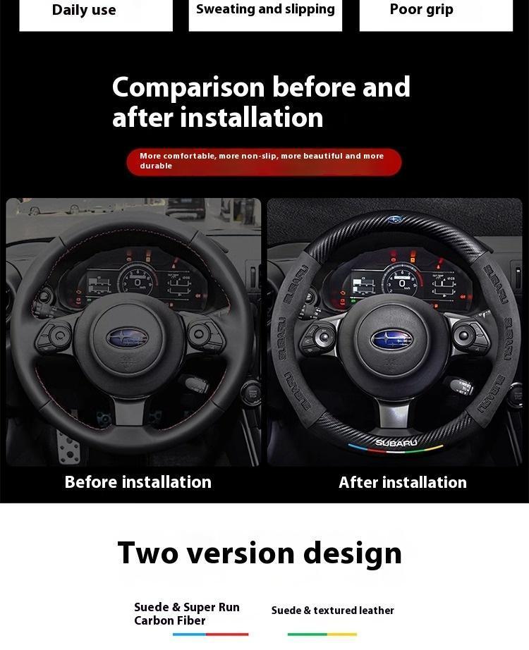 Suede Carbon Fiber Steering Wheel Cover - Anti-Slip, Ventilated, Vehicle-Specific Fit for Subaru STI, Brz, Wrx, Xv, Ascent, Forester, Outback, Impreza, Legacy (Model & Toy Vehicles Accessory)