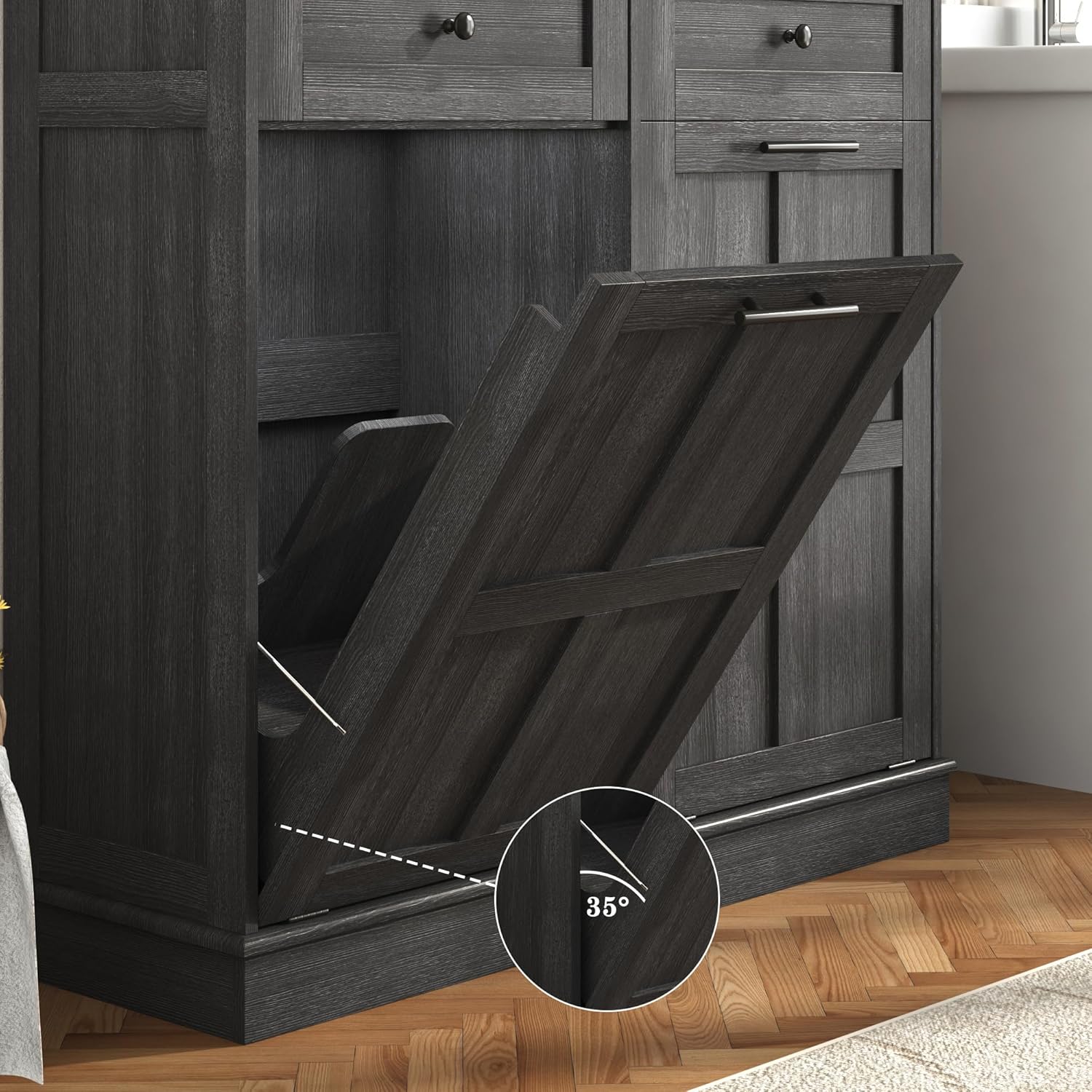 Trash Can Cabinet, 10 Gallons / 20 Gallons Farmhouse Hidden Wood Garbage Can Bin Cabinet with Drawers, Tilt Out Laundry Hamper with Laundry Storage Basket for Bathroom, Kitchen, Brown/Antique White/Dark Grey