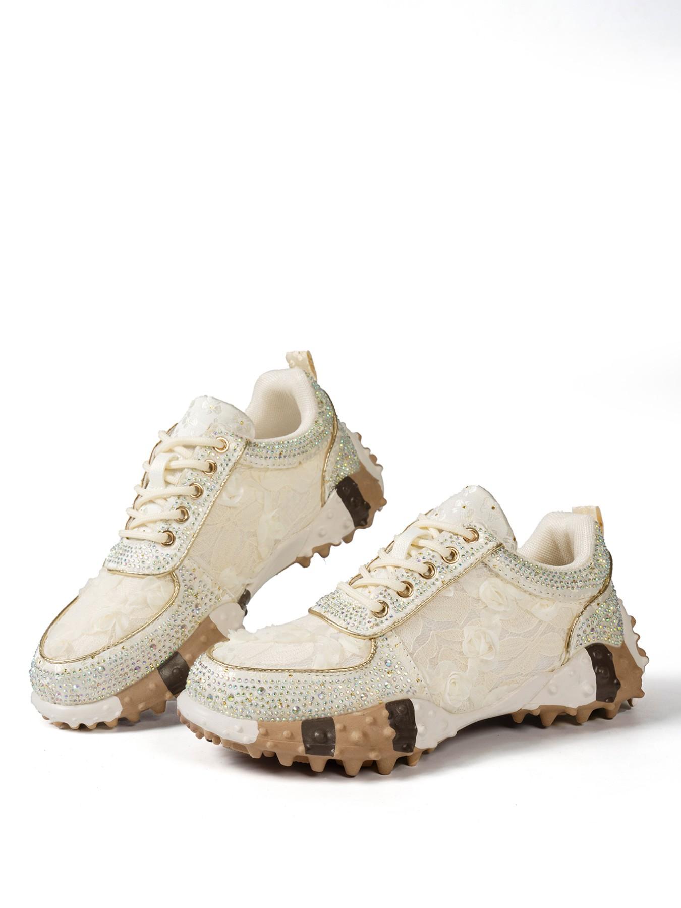 Sweet Cool Girl Style Rhinestone Lace Rose Bow Dad Shoes, Thick Rubber Sole Height Boost Slimming Anti-Slip Casual Streetwear Sports Shoes