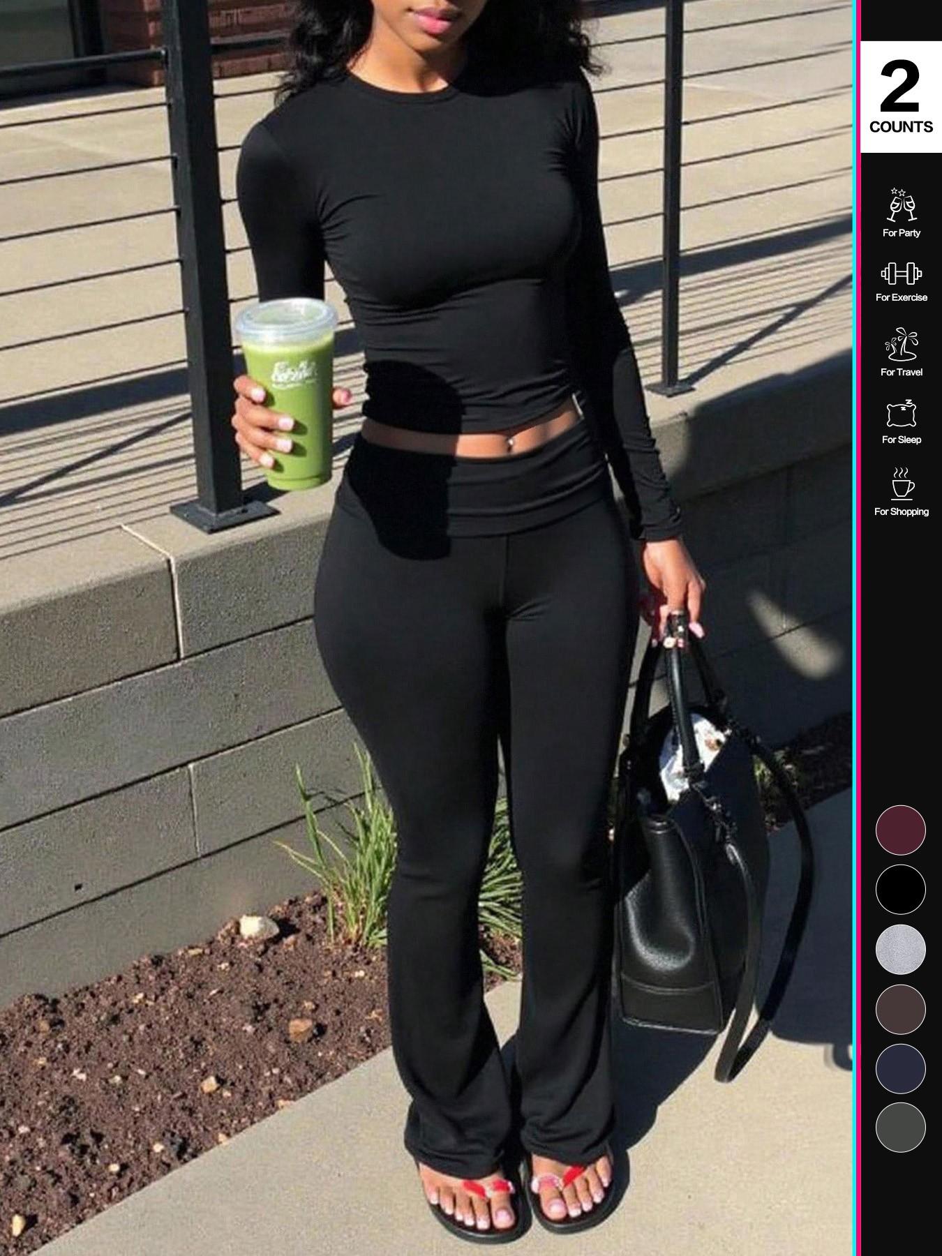 Women's 2 Piece, Foldover Flare Pants & Long Sleeve Crew Neck T-Shirt, Fitted Pajama Sets, Casual Comfortable Sleepwear