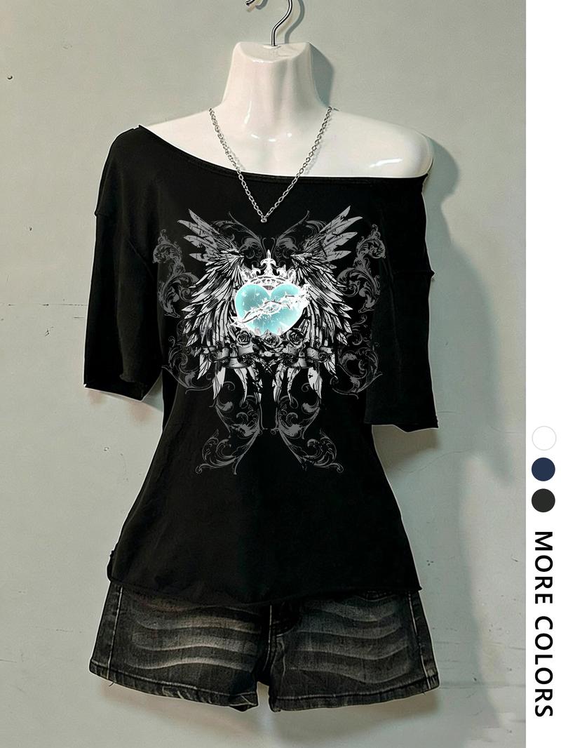 Women's Asymmetrical Neck Digital Print Summer Casual T-Shirt, Vintage Campus Style, Fashion Trend Letter Design Women's Asymmetrical Neck Digital Print Summer Casual T-Shirt, Vintage Campus Style, Fashion Trend Letter Design